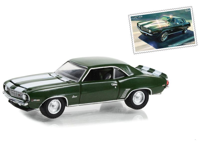 1969 Chevrolet Camaro Z/28 Green Metallic with White Stripes USPS (United States Postal Service) "2022 Pony Car Stamp Collection by Artist Tom Fritz" "Hobby Exclusive" Series 1/64 Diecast Model Car by Greenlight