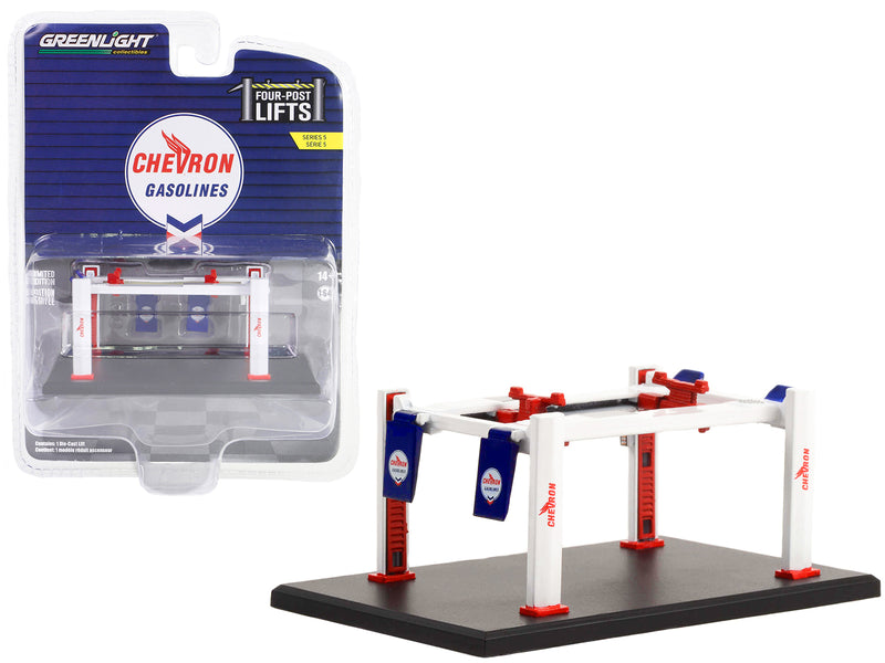 Adjustable Four-Post Lift "Chevron" White and Red "Four-Post Lifts" Series 5 1/64 Diecast Model by Greenlight