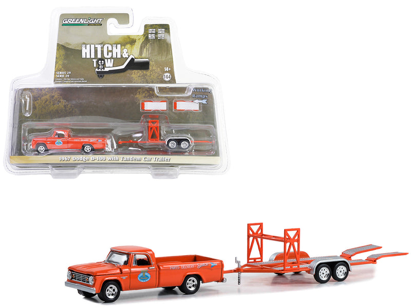 1967 Dodge D-100 Pickup Truck Orange and Tandem Car Trailer "Mr. Norm's Grand Spaulding Dodge" "Hitch & Tow" Series 29 1/64 Diecast Model Car by Greenlight