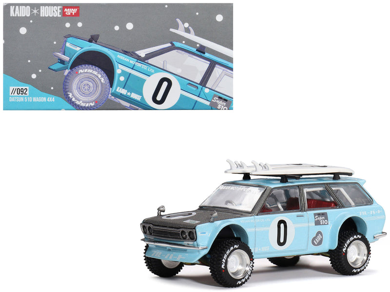 Datsun Kaido 510 Wagon 4x4 RHD (Right Hand Drive) Light Blue with Carbon Hood with Surfboards on Roof "Winter Holiday Edition" (Designed by Jun Imai) "Kaido House" Special 1/64 Diecast Model Car by True Scale Miniatures