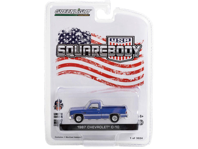 1987 Chevrolet C-10 Pickup Truck Blue "Squarebody USA" Limited Edition to 3024 pieces Worldwide 1/64 Diecast Model Car by Greenlight