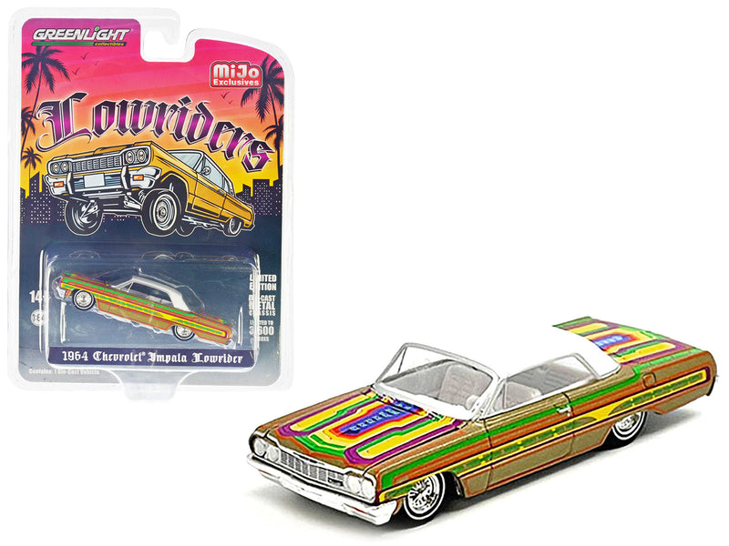 1964 Chevrolet Impala Lowrider Gold Metallic with Graphics and White Top and Interior "Lowriders" Series Limited Edition to 3600 pieces Worldwide 1/64 Diecast Model Car by Greenlight