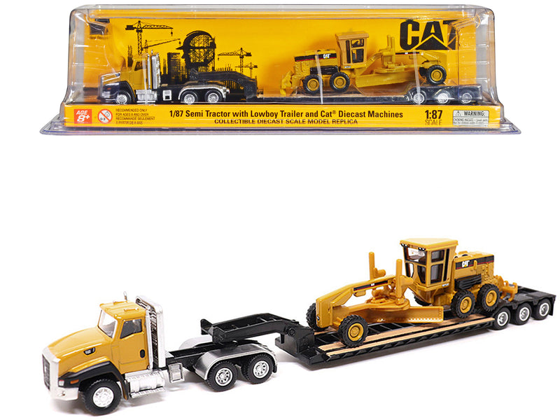 CAT Caterpillar CT660 Day Cab Tractor Yellow with Lowboy Trailer and CAT 163H Motor Grader Yellow 1/87 (HO) Diecast Model by Diecast Masters