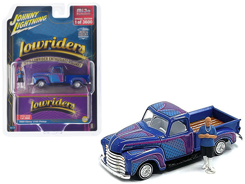 1950 Chevrolet 3100 Pickup Truck Lowrider Blue with Graphics and Diecast Figure Limited Edition to 3600 pieces Worldwide 1/64 Diecast Model Car by Johnny Lightning
