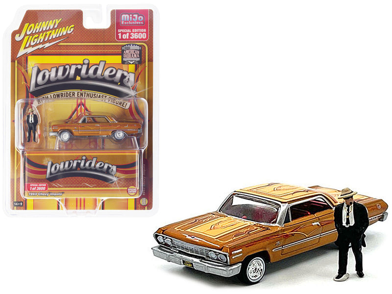 1963 Chevrolet Impala Lowrider Orange with Graphics and Diecast Figure Limited Edition to 3600 pieces Worldwide 1/64 Diecast Model Car by Johnny Lightning