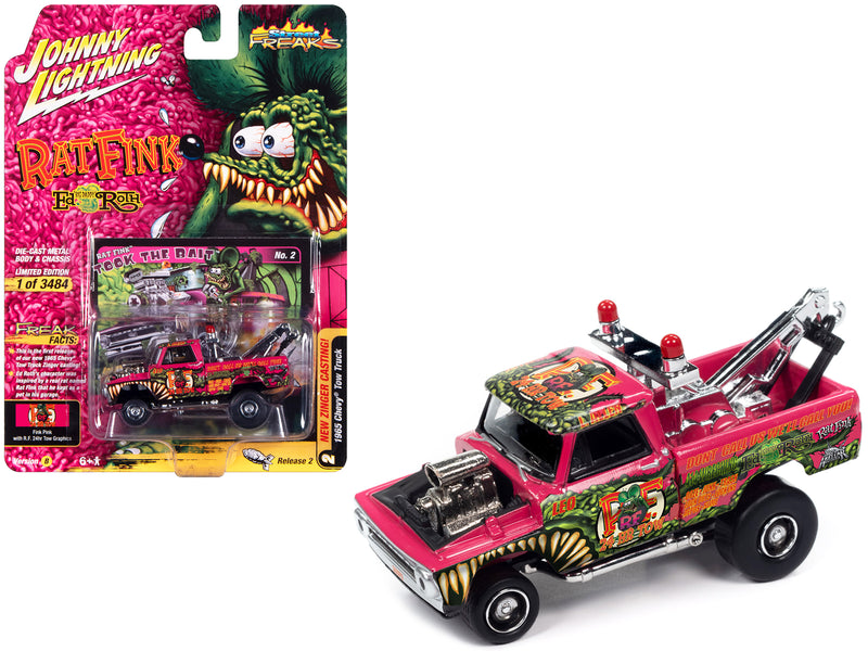 1965 Chevrolet Tow Truck "Rat Fink - Took the Bait" Fink Pink with "Rat Fink" Graphics "Zingers!" Limited Edition to 3484 pieces Worldwide "Street Freaks" Series 1/64 Diecast Model Car by Johnny Lightning