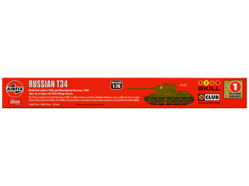 Skill 2 Model Kit Russian T34 Tank 1/76 Plastic Model Kit by Airfix