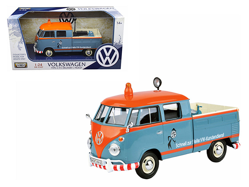 Volkswagen Type 2 (T1) Delivery Service Pickup Truck Blue and Orange "VW-Kundendienst" 1/24 Diecast Model Car by Motormax