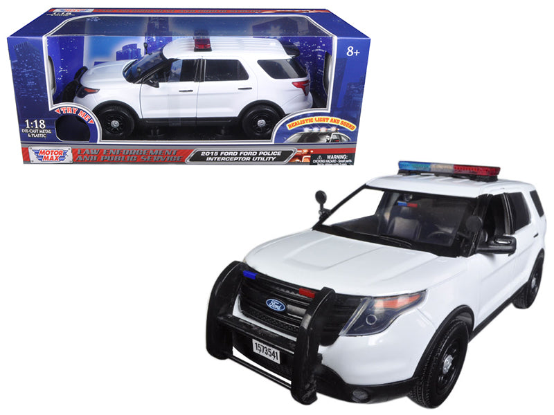 2015 Ford Police Interceptor Utility White with Flashing Light Bar and Front and Rear Lights and 2 Sounds 1/18 Diecast Model Car by Motormax