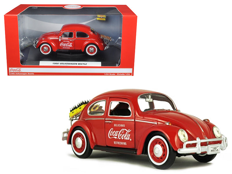 1966 Volkswagen Beetle with Rear Luggage Rack Red with Two Bottle Cases "Coca-Cola" 1/24 Diecast Model Car by Motorcity Classics