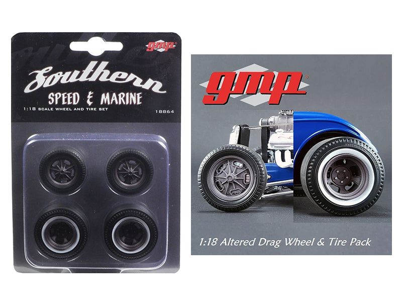 Drag Wheels and Tires Set of 4 Magnesium Finish from 1934 Altered Drag Coupe 1/18 by GMP