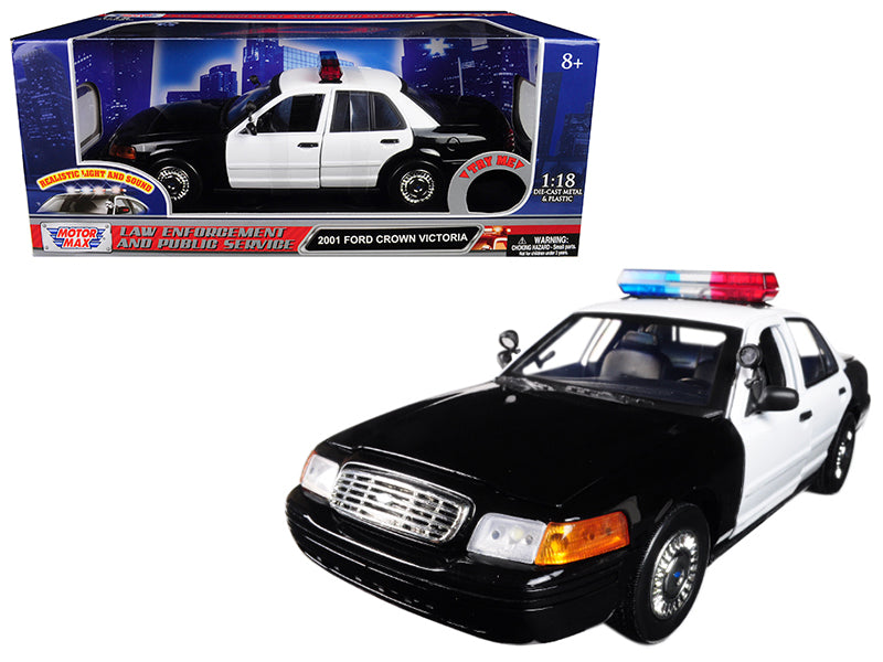 2001 Ford Crown Victoria Police Car Plain Black & White with Flashing Light Bar & Front and Rear Lights and Sound 1/18 Diecast Model Car by Motormax