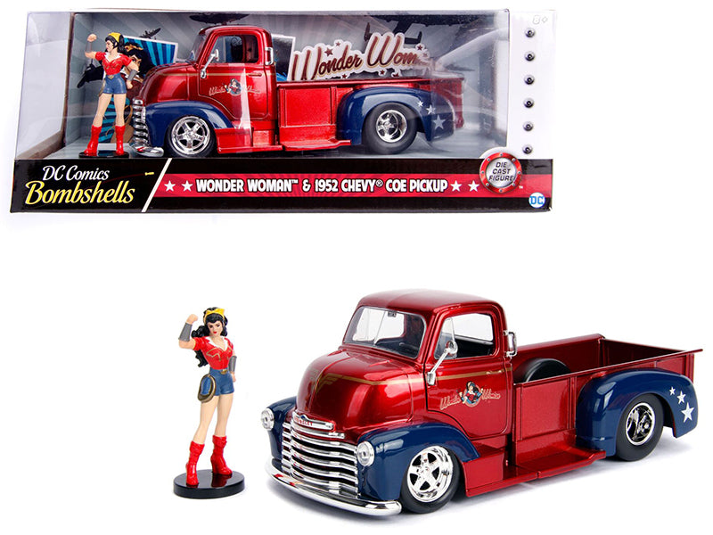 1952 Chevrolet COE Pickup Truck Candy Red and Blue with Wonder Woman Diecast Figure "DC Comics Bombshells" Series "Hollywood Rides" 1/24 Diecast Model Car by Jada
