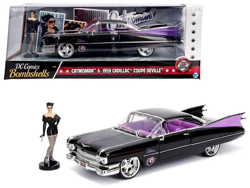 1959 Cadillac Coupe DeVille Black with Catwoman Diecast Figurine "DC Comics Bombshells" Series 1/24 Diecast Model Car by Jada