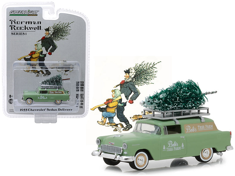 1955 Chevrolet Sedan Delivery Light Green "Bob's Tree Farm" with a Christmas Tree "Norman Rockwell Delivery Vehicles" Series 1 1/64 Diecast Model Car by Greenlight