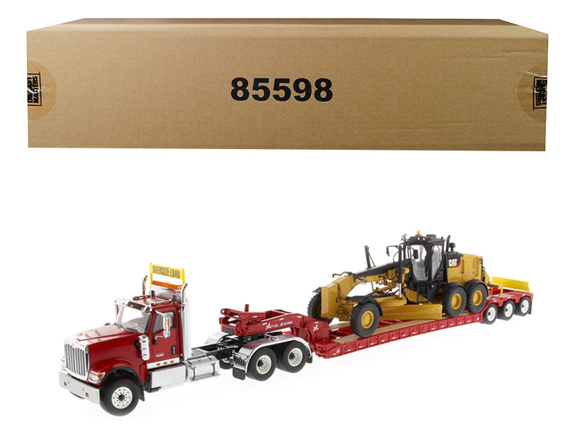 International HX520 Tandem Tractor Red with XL 120 Lowboy Trailer and CAT Caterpillar 12M3 Motor Grader Set of 2 pieces 1/50 Diecast Models by Diecast Masters