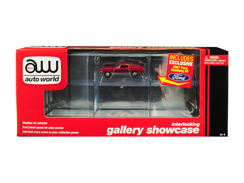 6 Car Interlocking Acrylic Display Show Case with 1967 Ford Mustang GT Red for 1/64 Scale Model Cars by Auto World