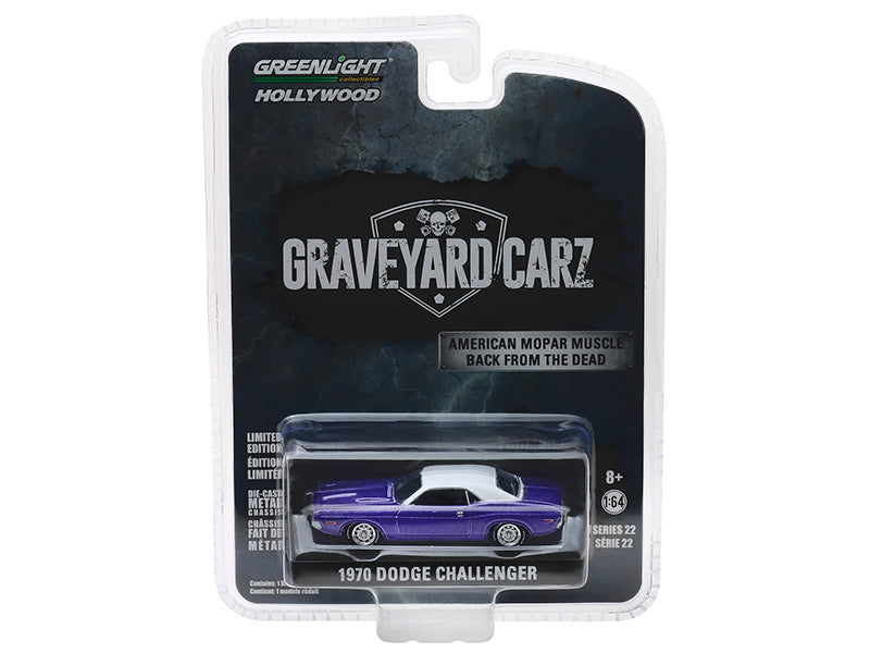 1970 Dodge Challenger Purple with White Top "Graveyard Carz" (2012) TV Series (Season 5: "Chally vs. Chally") "Hollywood" Series 22 1/64 Diecast Model Car by Greenlight