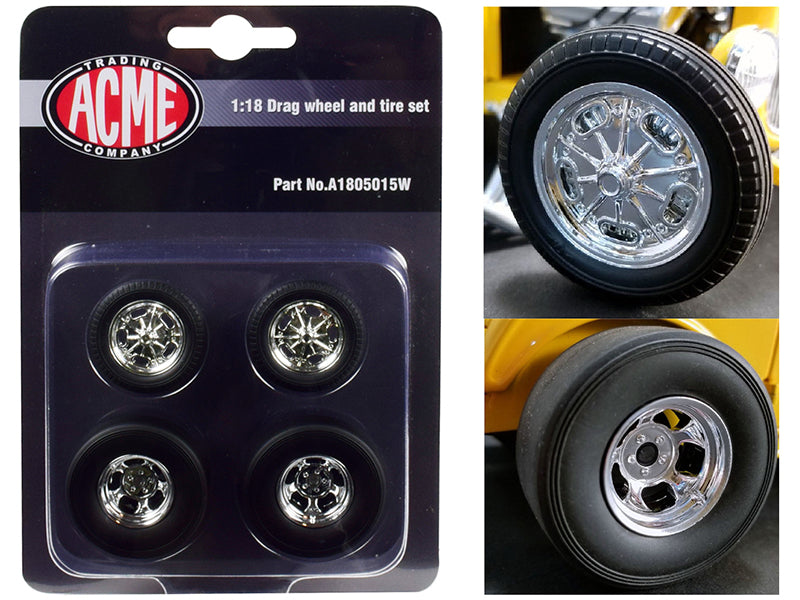 Chrome Drag Wheel and Tire Set of 4 pieces from "1932 Ford 3 Window" 1/18 by Acme