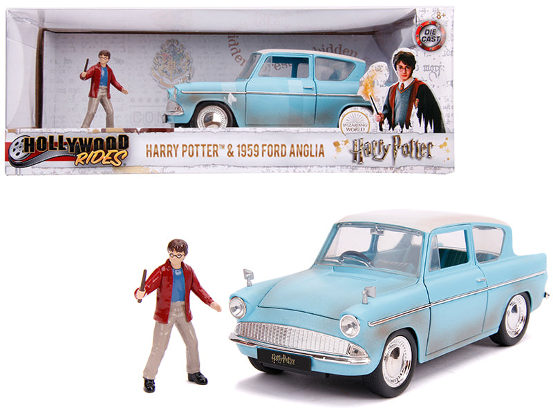 1959 Ford Anglia Light Blue (Weathered) with Harry Potter Diecast Figurine 1/24 Diecast Model Car by Jada