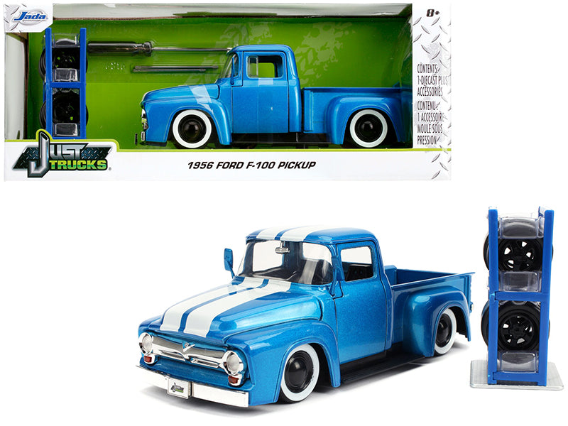 1956 Ford F-100 Pickup Truck Blue Metallic with White Stripes and Extra Wheels "Just Trucks" Series 1/24 Diecast Model Car by Jada