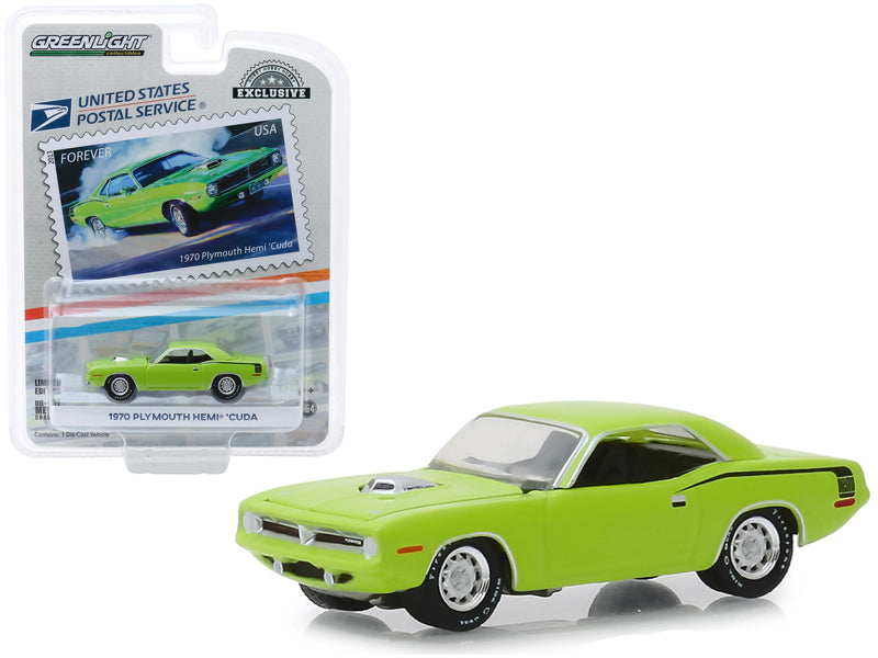 1970 Plymouth HEMI 'Cuda Lime Green "USPS Stamps" (2013) (United States Postal Service) "America on the Move: Muscle Cars" "Hobby Exclusive" 1/64 Diecast Model Car by Greenlight