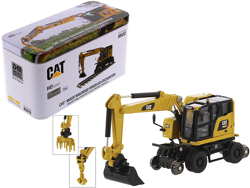CAT Caterpillar M323F Railroad Wheeled Excavator with 3 Accessories (Safety Yellow Version) "High Line" Series 1/87 (HO) Scale Diecast Model by Diecast Masters