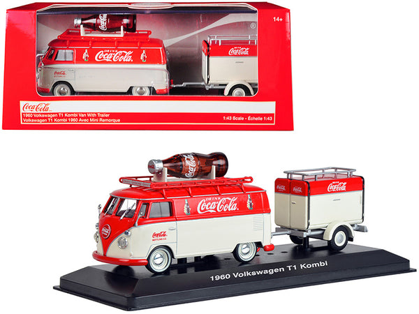 1960 Volkswagen T1 Kombi Van with Trailer Red and Cream Coca Cola 1/43  Diecast Model Car by Motorcity Classics