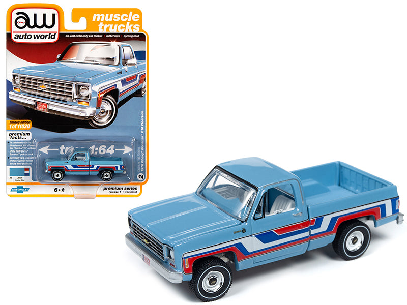 1976 Chevrolet Bonanza C10 Fleetside Pickup Truck "Bicentennial Edition" Skyline Blue with Stripes "Muscle Trucks" Limited Edition to 11020 pieces Worldwide 1/64 Diecast Model Car by Auto World